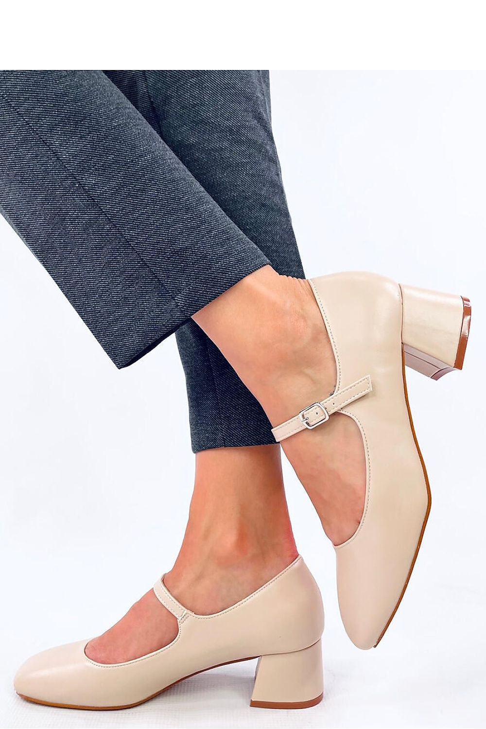   Czółenka na obcasie w stylu Mary Jane KELSEY BEIGE - Inello 